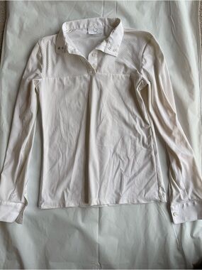 Kids Riding Long-Sleeve White Polo Top with Perforated Yoke